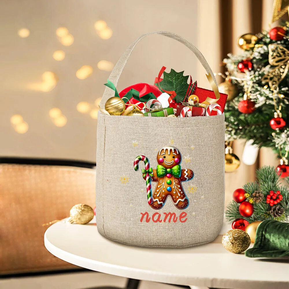 Personalized Christmas Gingerbread Man Linen Gift Bag