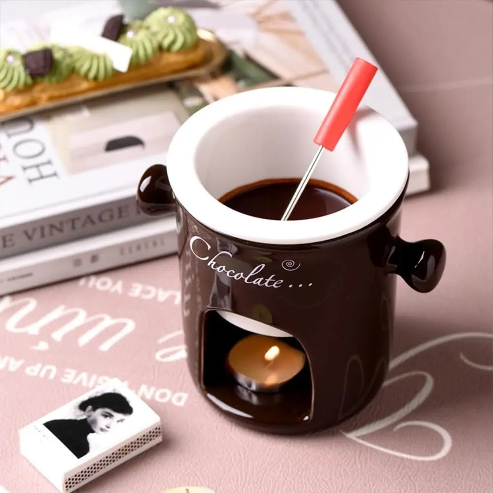 Ceramic Chocolate Melting Cup Set with Fork & Candle Base