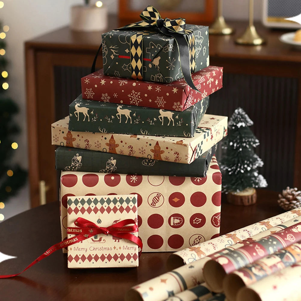 6-Sheet Christmas Kraft Wrapping Paper – Elk, Santa & Snowman