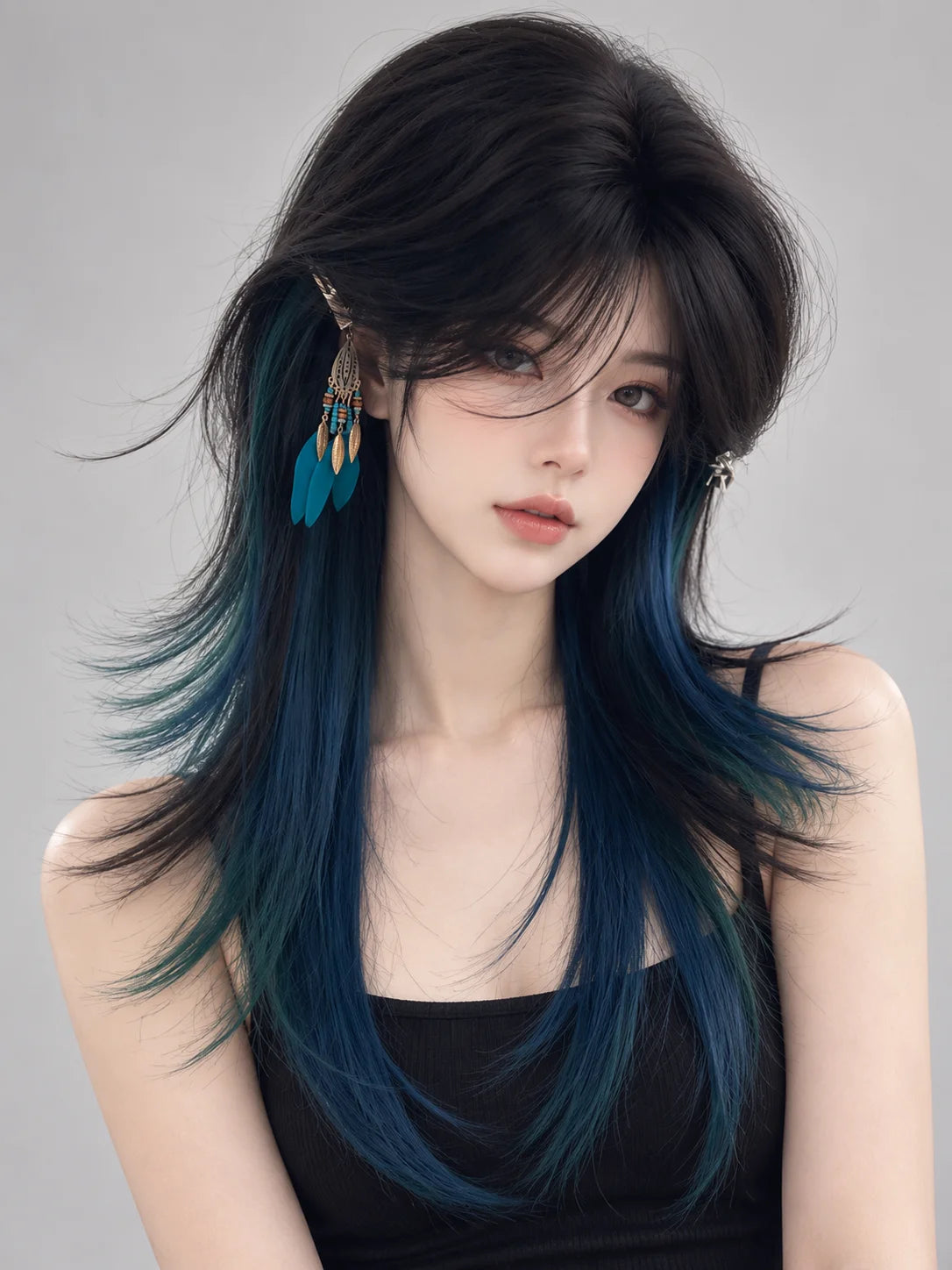 Blue Green Wolf Cut Mullet Wig – Layered Cosplay Wig Women