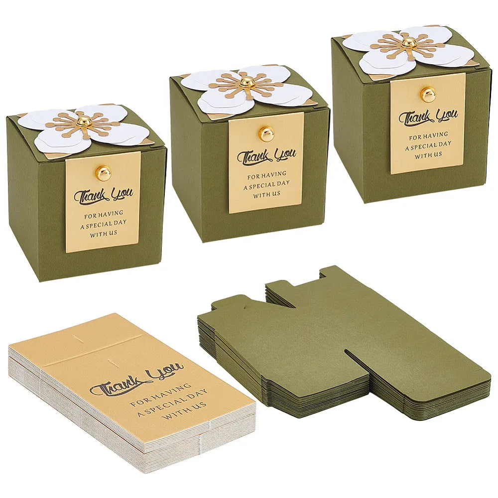 Dark Olive Green Gift Boxes with Flower & Cards – 30 Pack