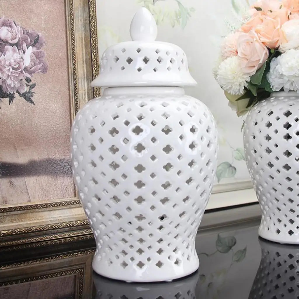 White Porcelain Ginger Jar – Pierced Lattice Ceramic Vase with Lid