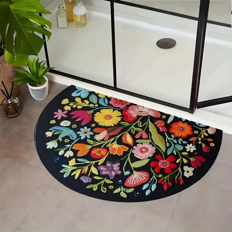Semi-Circular Floral Flannel Door Mat – Non-Slip Indoor Rug