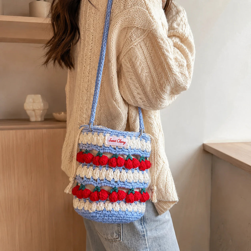 Cherry Crochet Bucket Bag – Hand Woven Women's Shoulder Bag