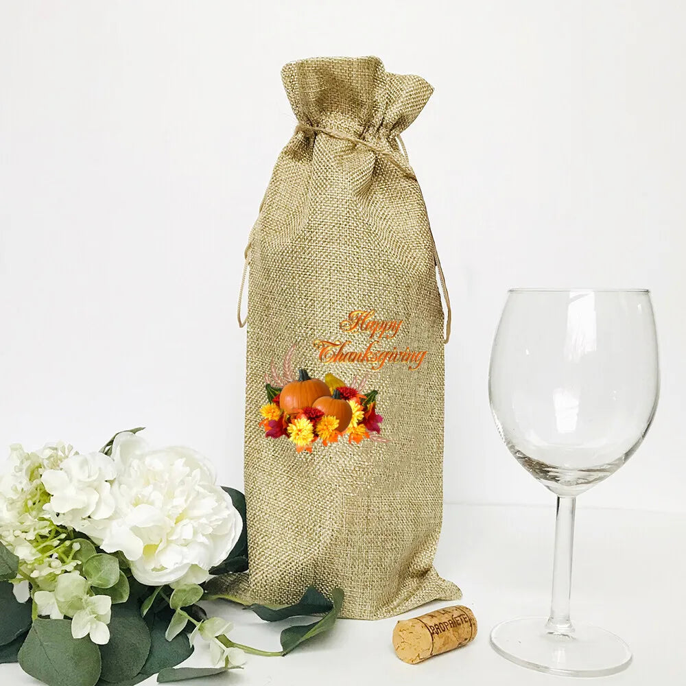 Thankful Grateful Blessed Burlap Wine Bottle Gift Bags