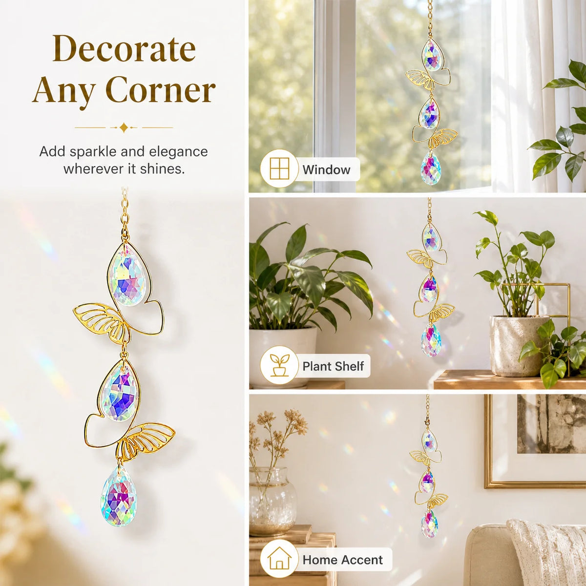 Butterfly Crystal Suncatcher Gold Window Prism Rainbow Ornament