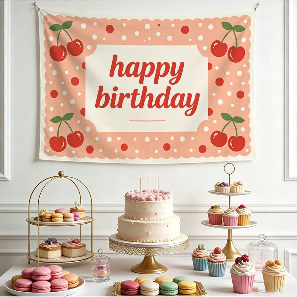 Happy Birthday Cherry Print Tapestry – Party Wall Hanging
