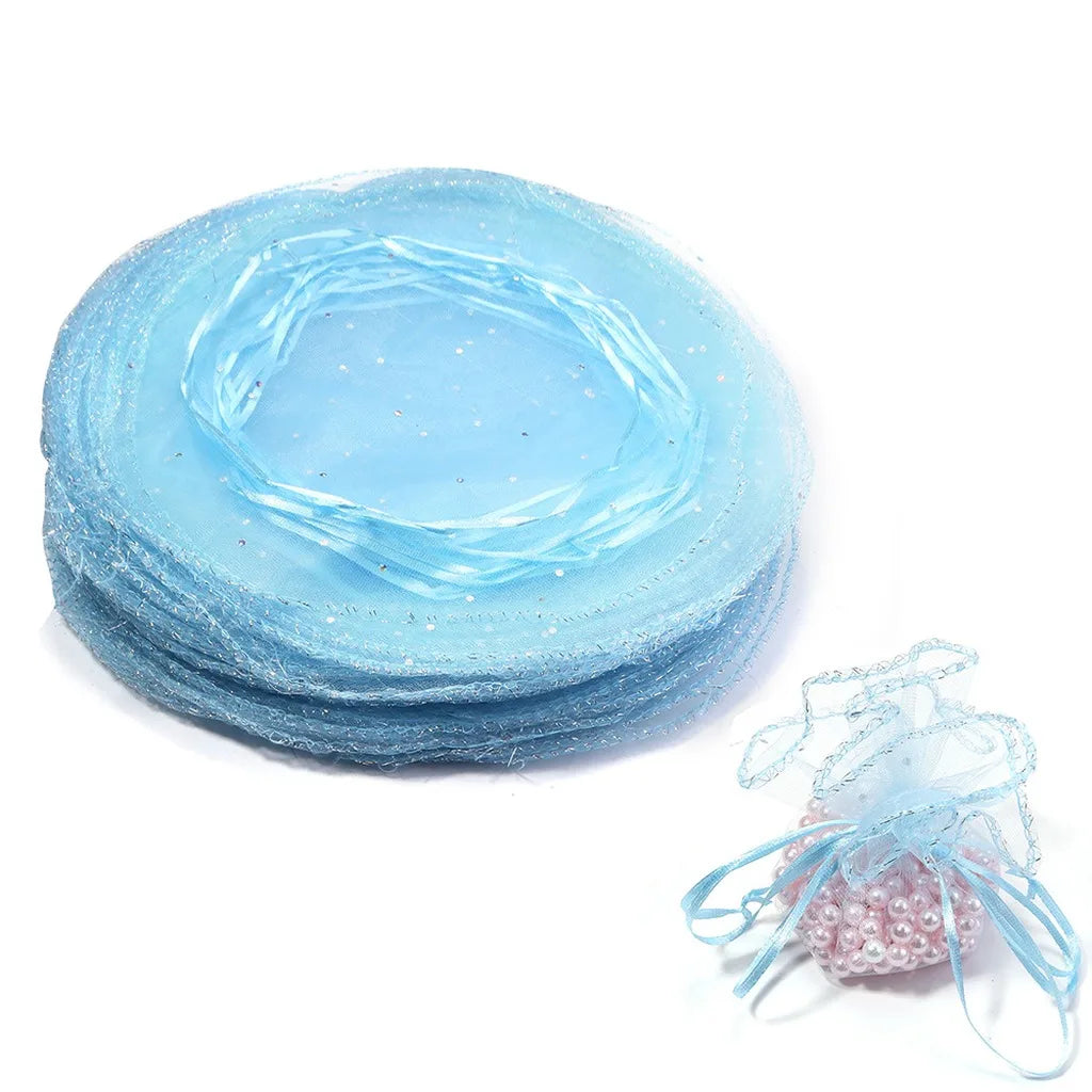 Round Organza Drawstring Gift Pouches – 10pc Sequin Tulle