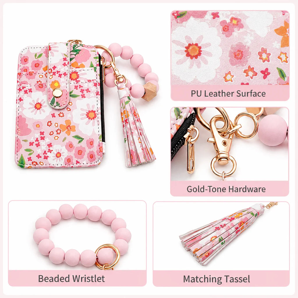Floral PU Leather ID Card Wallet & Beaded Wristlet for Women