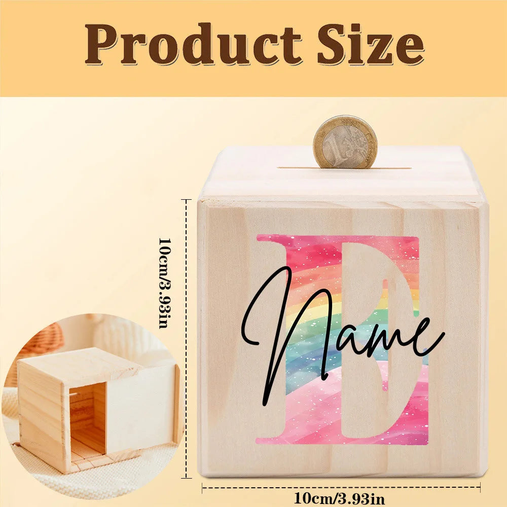 Personalized Wooden Coin Bank – Rainbow Name Money Box for Kids