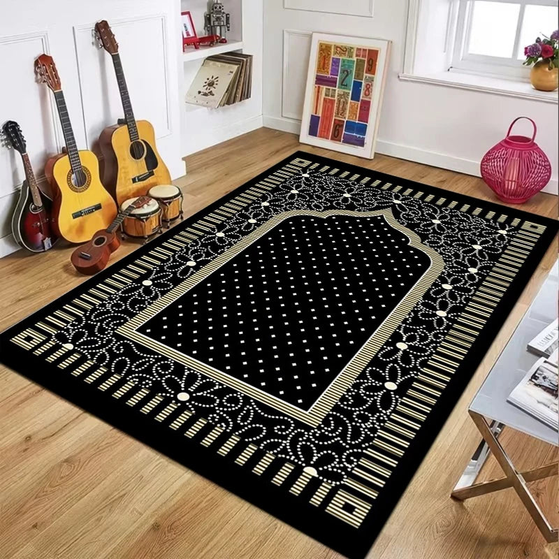 Islamic Prayer Mat – Black Gold Floral Non-Slip Worship Rug
