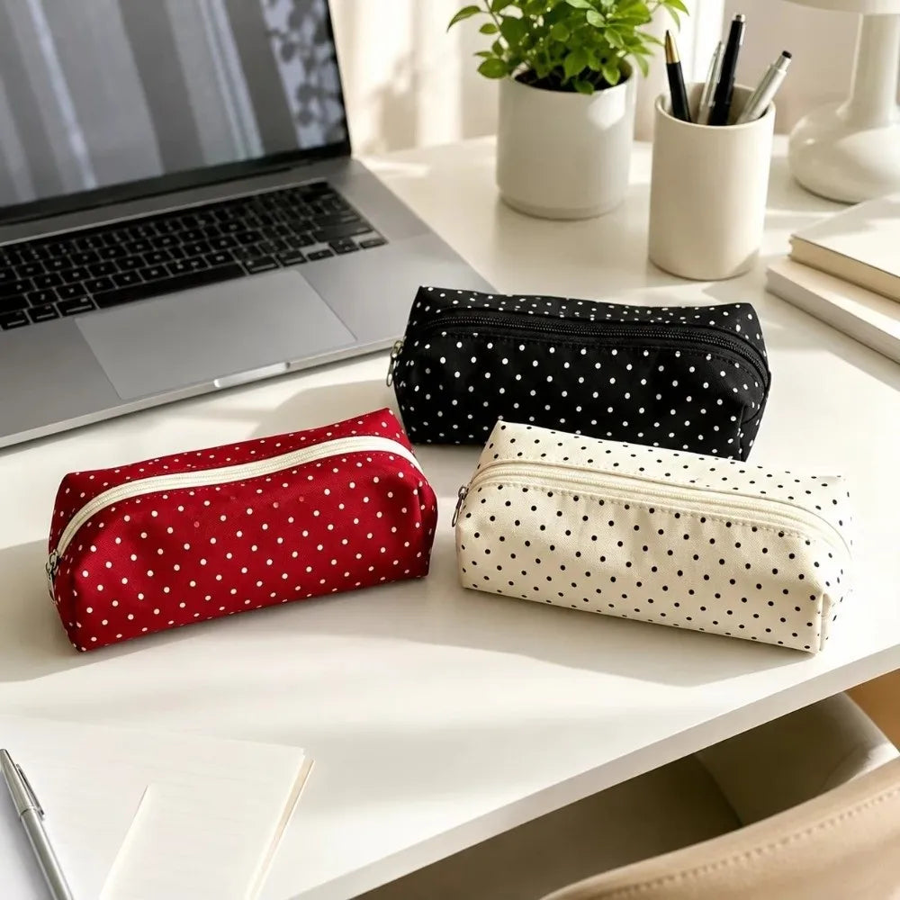 Polka Dot Canvas Pencil Case – Large Capacity Zipper Pouch