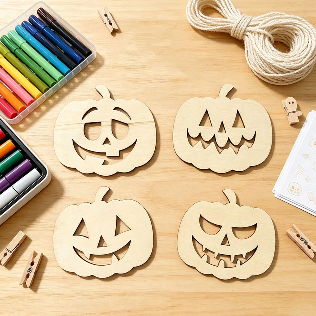 Halloween Wooden Pumpkin Hollow Pendants – 6-Piece Set