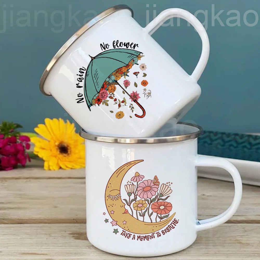 No Rain No Flower Enamel Mug – Umbrella Print Travel Cup