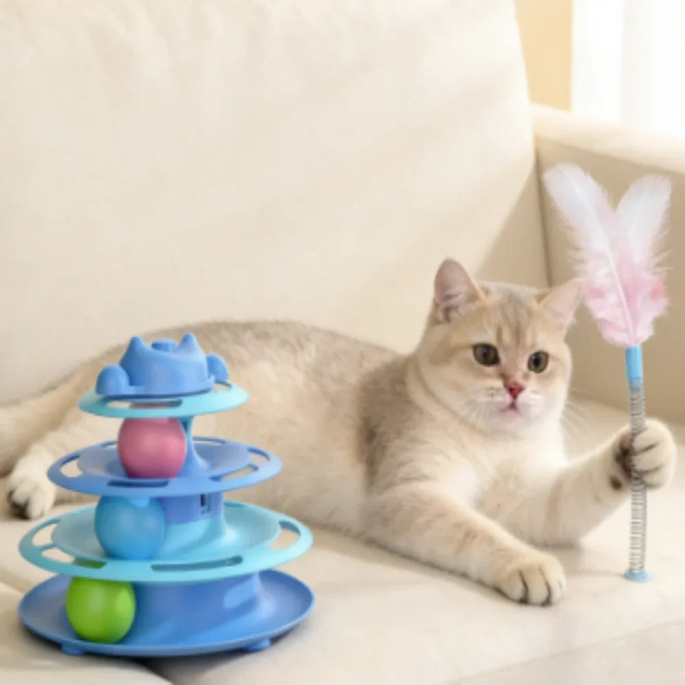 Interactive Cat Tower Toy – Roller Balls, Track & Feather