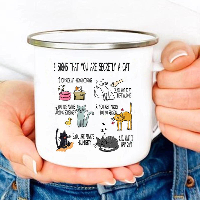 "6 Signs You're Secretly a Cat" Funny Enamel Coffee Mug