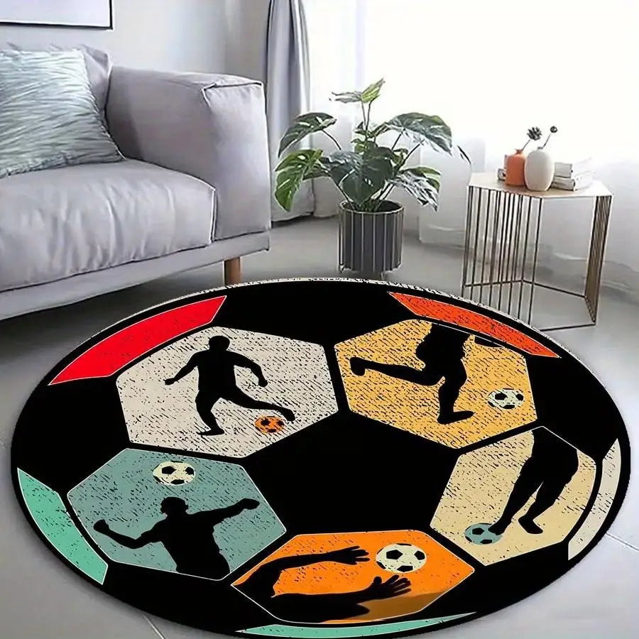 Round Sports Print Area Rug – Anti-Slip Bedroom Floor Mat
