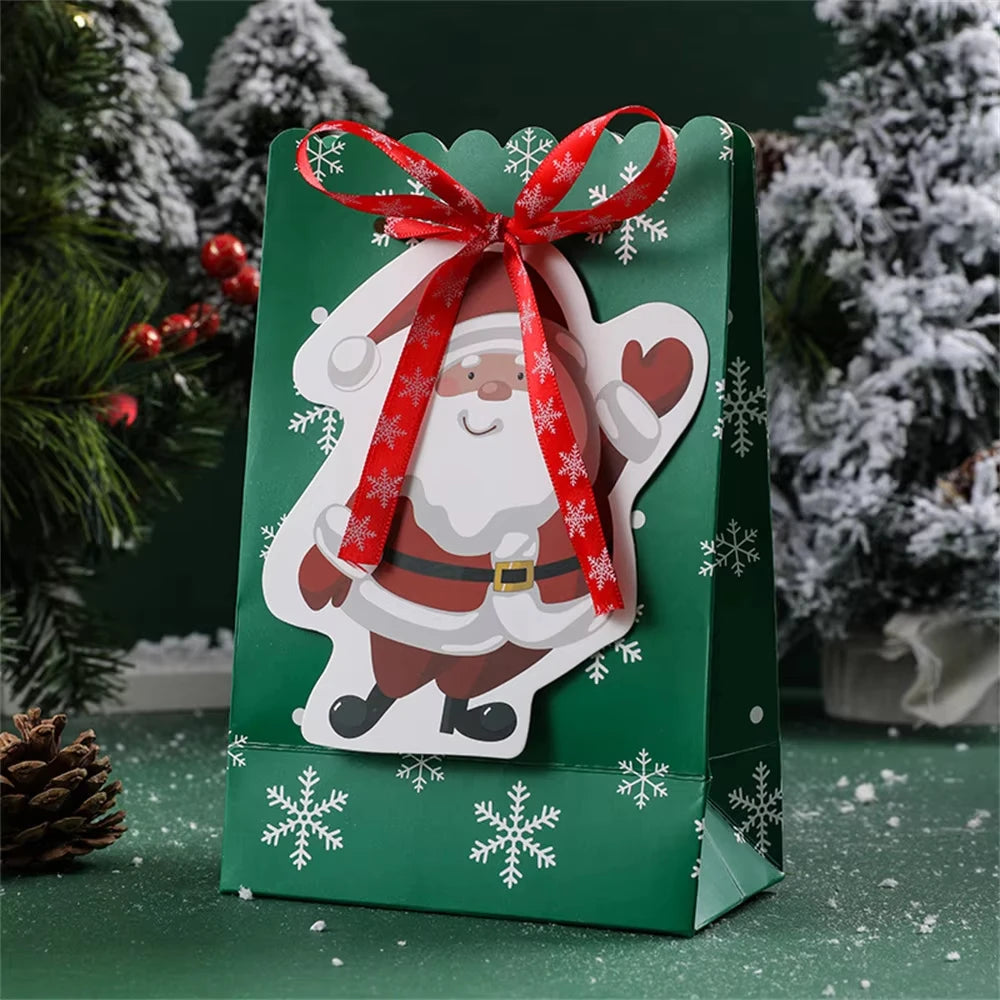 Cartoon Christmas Paper Gift Bag | Snowflake Ribbon Bow Handle