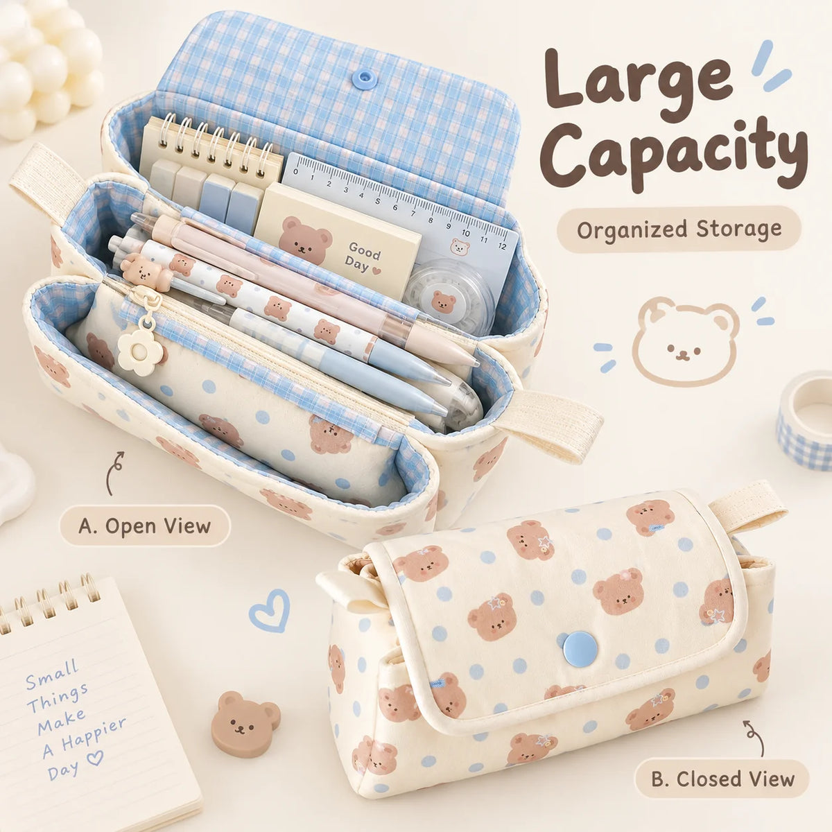 Cute Bear 3-Layer Pencil Case – Large Capacity Fabric Pouch