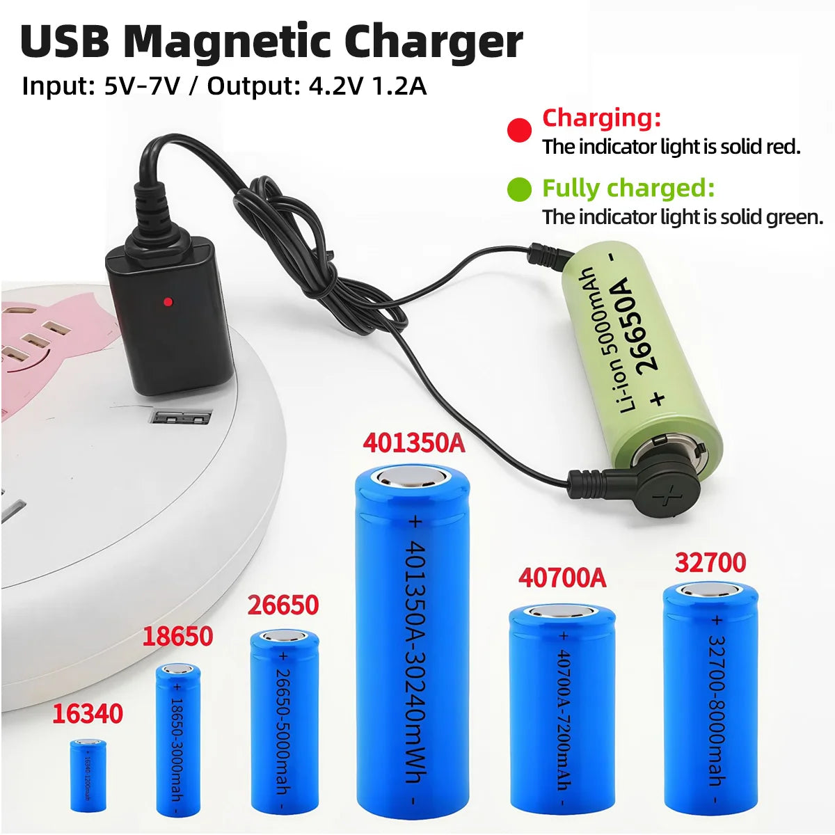 Magnetic USB Charger for 18650 16340 26650 Lithium Batteries