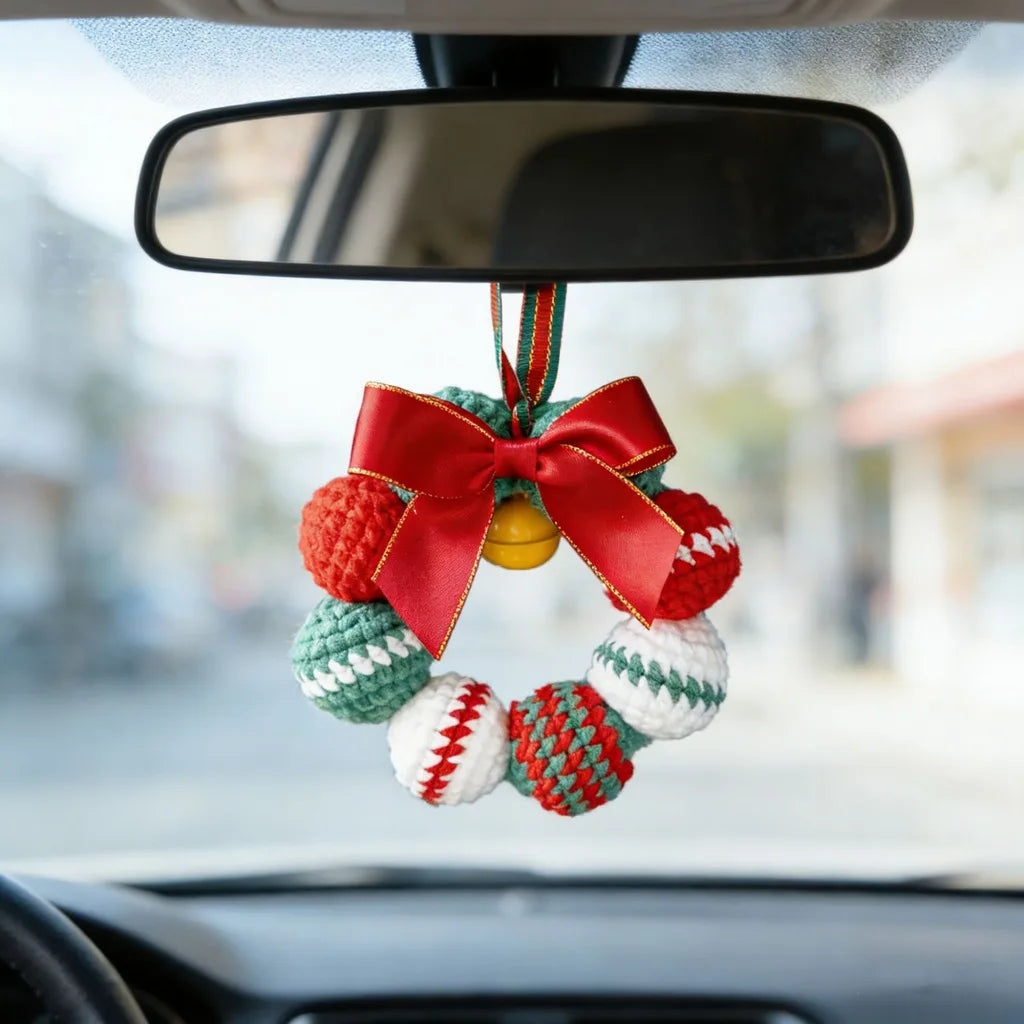 Handmade Crochet Christmas Pom Pom Wreath Keychain Ornament