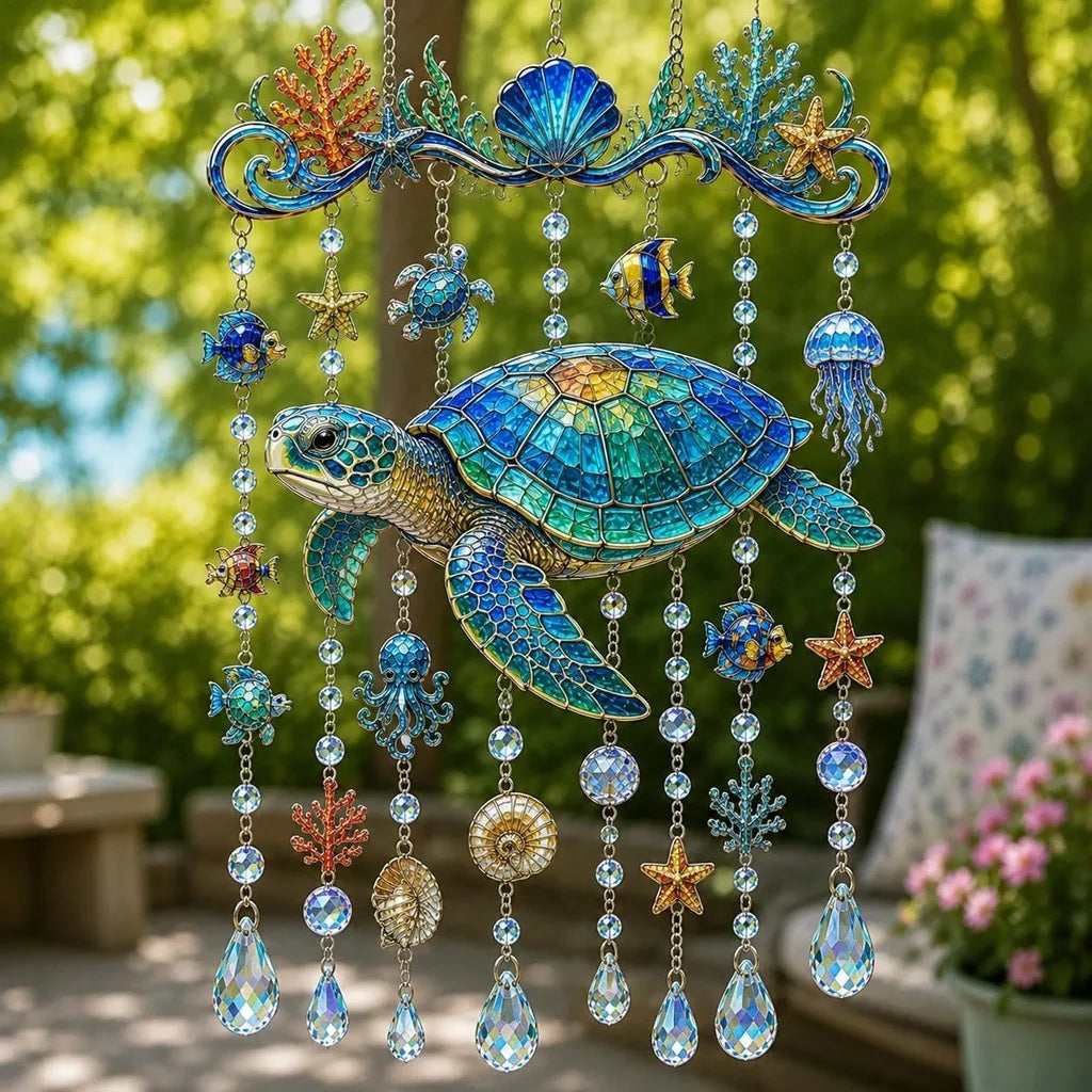 Ocean Sea Turtle Stained Glass Wind Chime – Acrylic Crystal