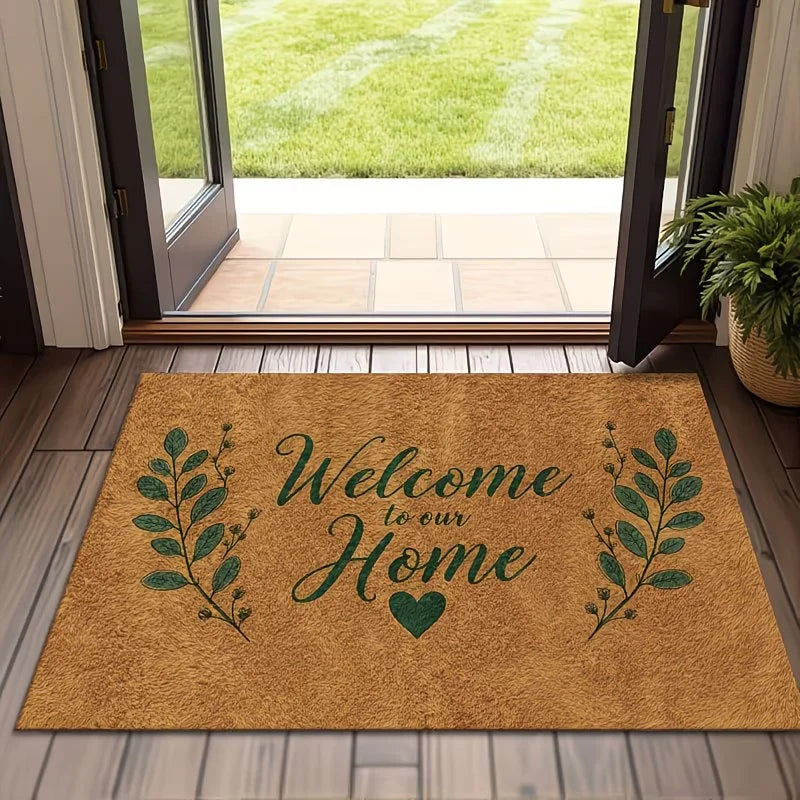 Rustic Welcome Home Non-Slip Entryway Mat | Greenery Heart