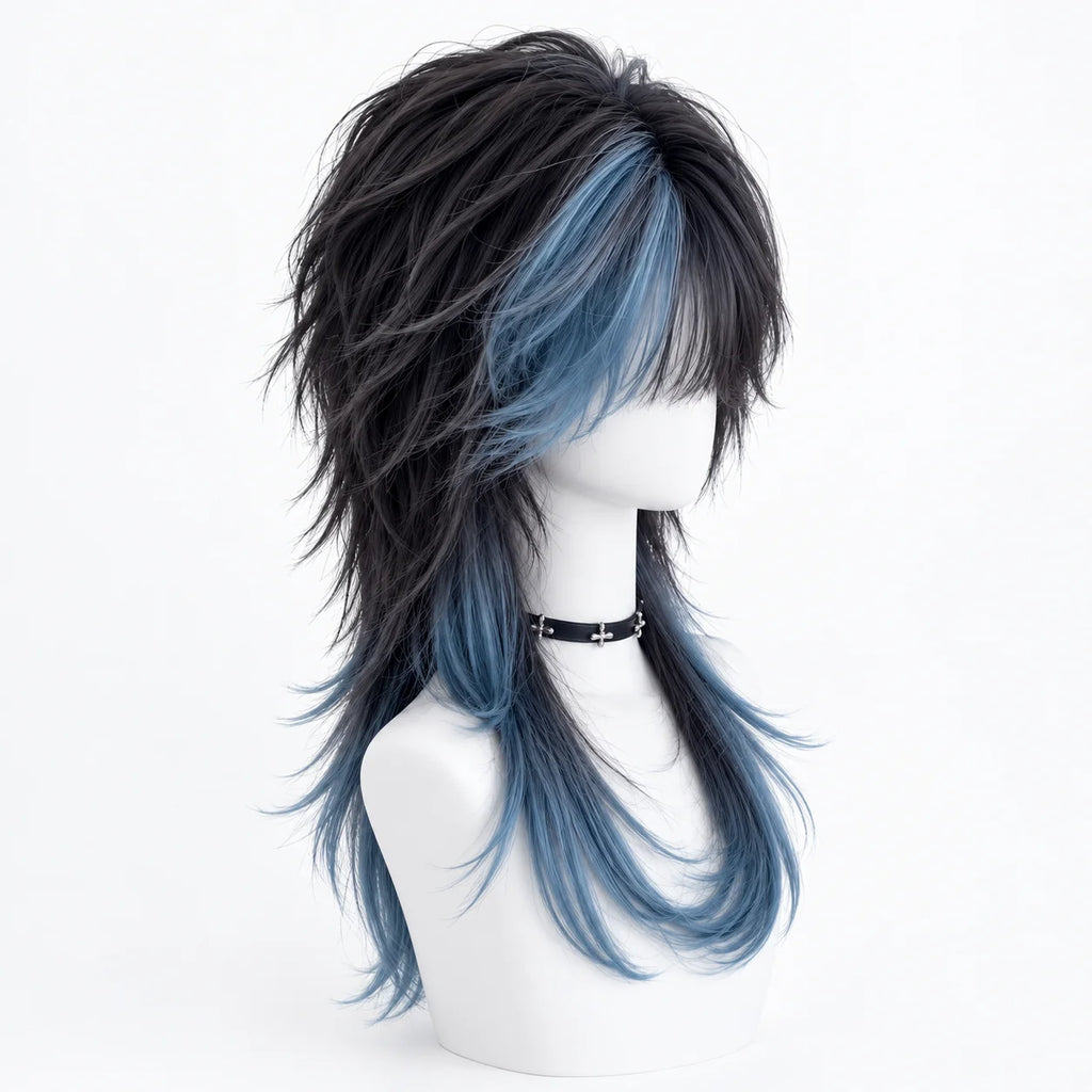 Black Blue Wolf Cut Wig – Layered Jellyfish Mullet Highlights