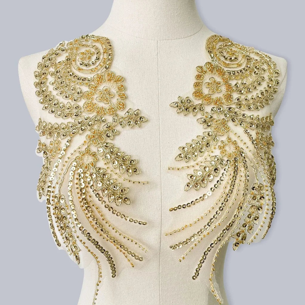 Rhinestone Beaded Sequin Floral Applique Patch Pair for Gowns