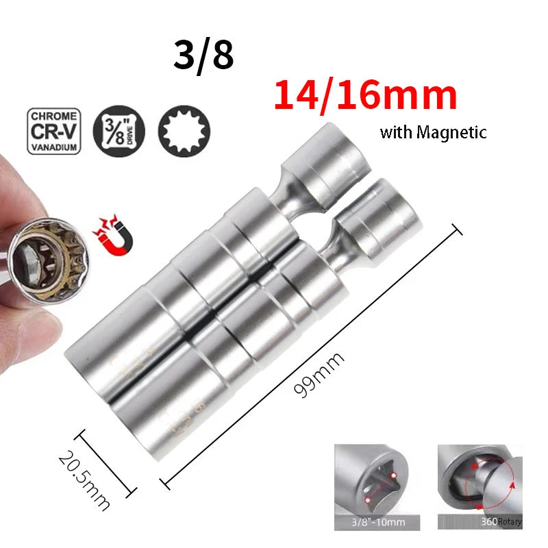Magnetic Spark Plug Socket 14/16mm – 360° Rotary Removal Tool