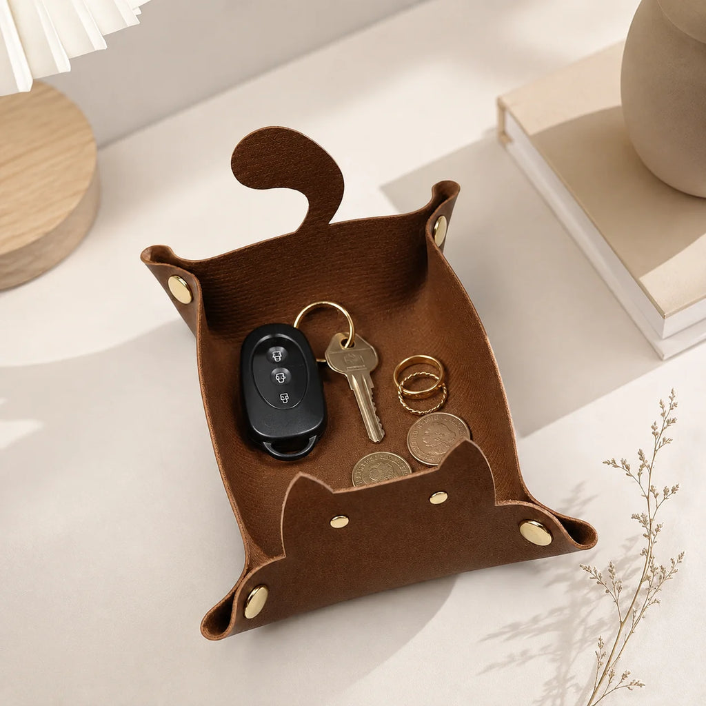 Cute Cat Shaped PU Leather Valet Tray | Foldable Desk Organizer