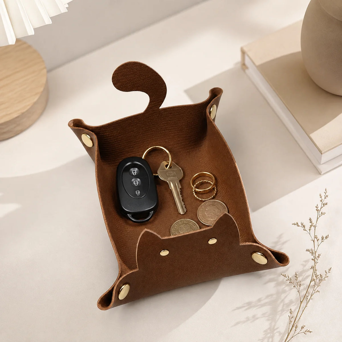 Cute Cat Shaped PU Leather Valet Tray | Foldable Desk Organizer