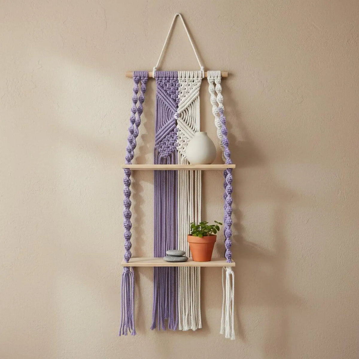 Macrame Wall Shelf – Boho Cotton Rope & Wood Shelves Décor