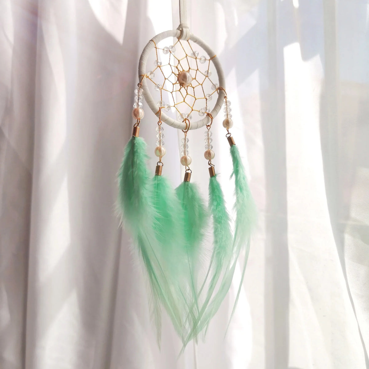 Boho Dream Catcher Ornament – Crystal Beads & Feathers Décor