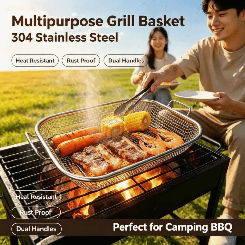 Stainless Steel BBQ Grill Basket | Fine Mesh, Built-In Handles