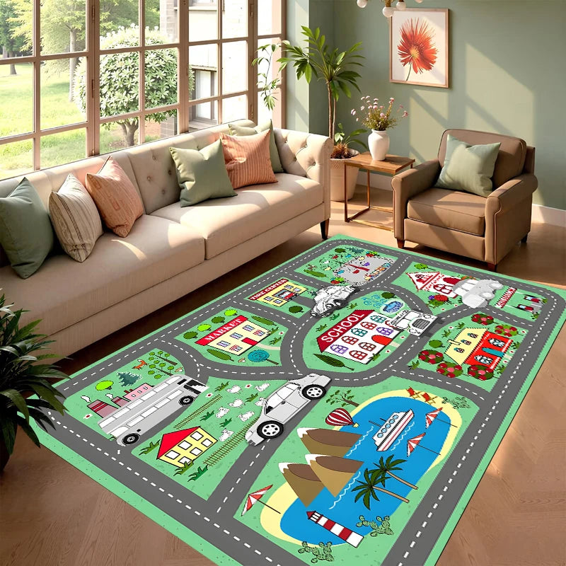 Pink Kids Play Rug – Town Road Track Mat, Non-Slip & Washable