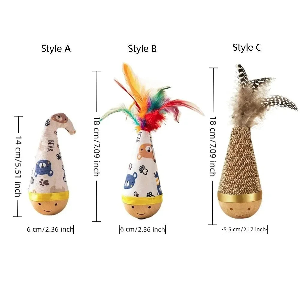 Interactive Cat Tumbler Wobbler Toy – Feather & Wooden Base