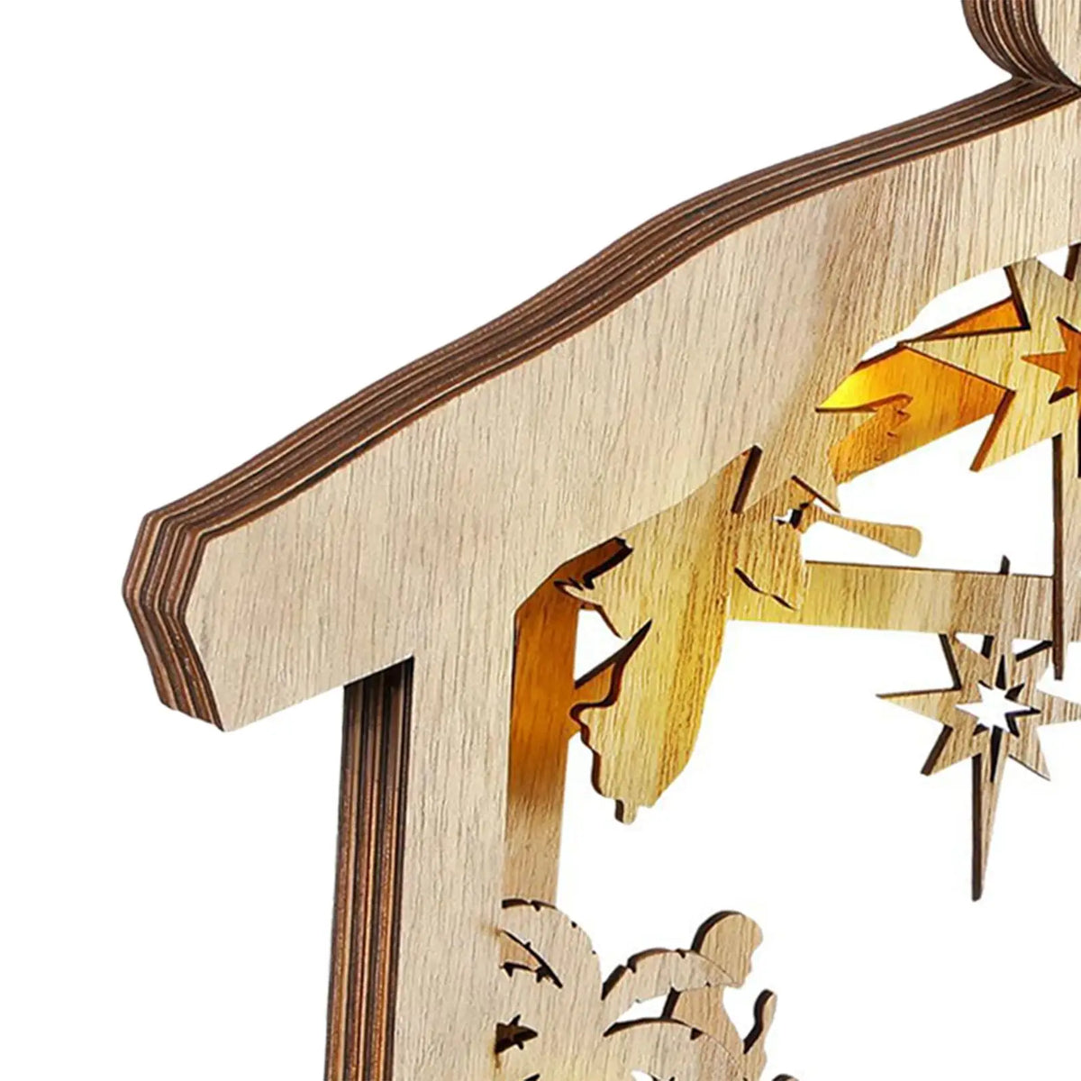 Wooden Nativity Scene Ornament with Warm LED Light