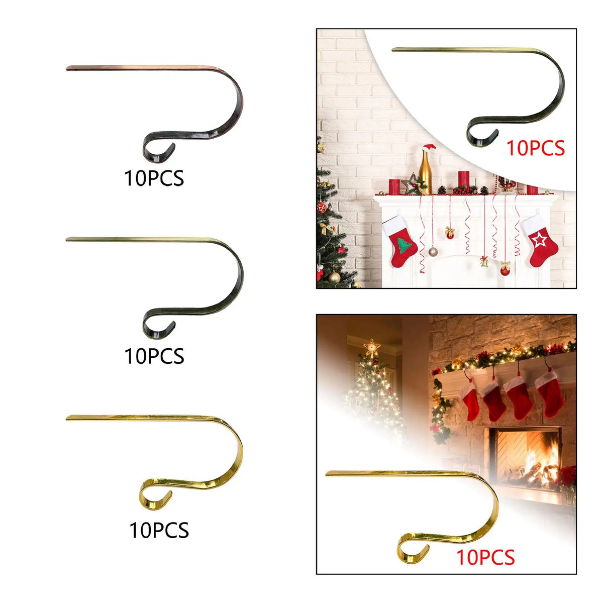 Metal Christmas Stocking Hangers for Mantel – 10 Pack Hooks