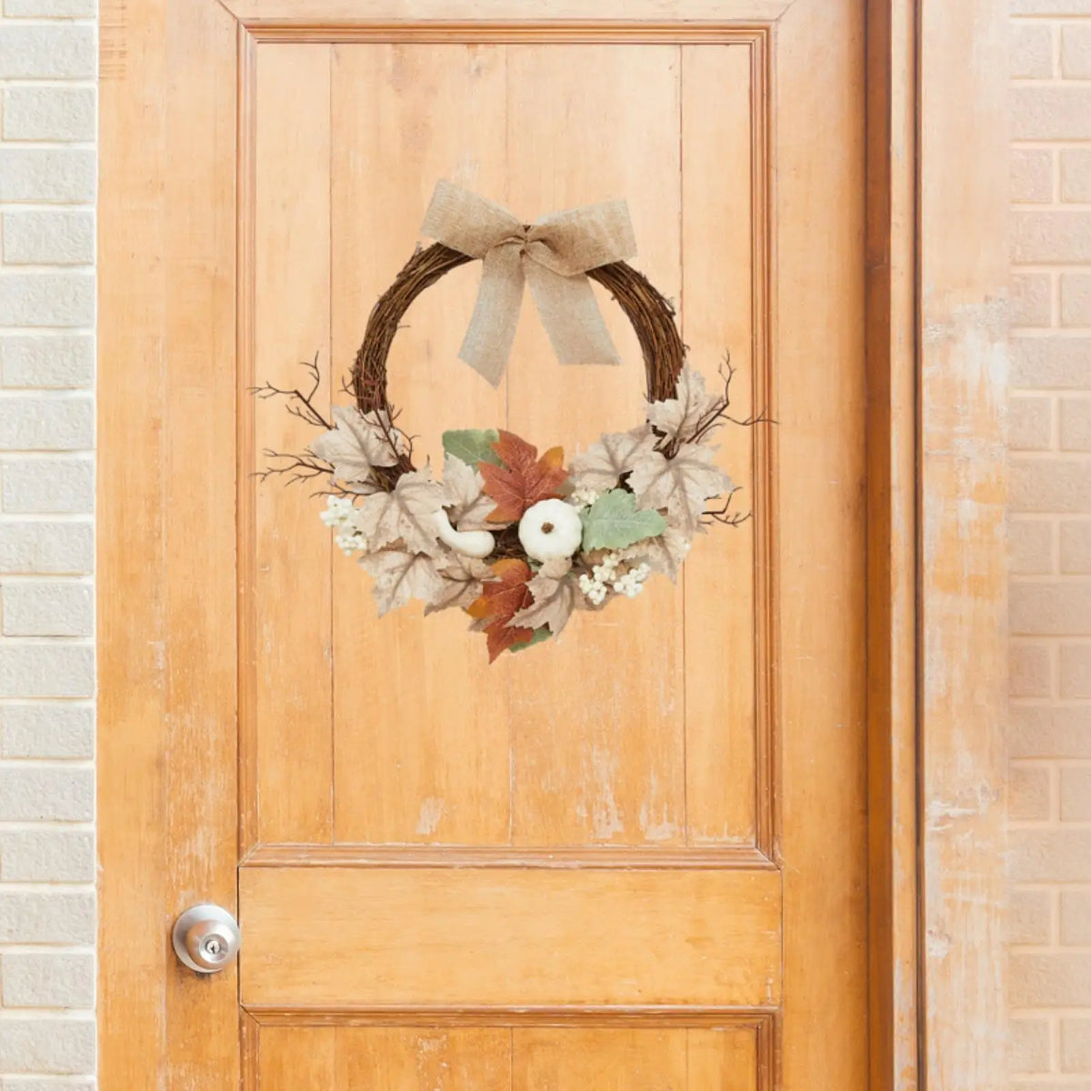 Artificial Fall Wreath – Pumpkin & Maple Leaves Farmhouse Decor