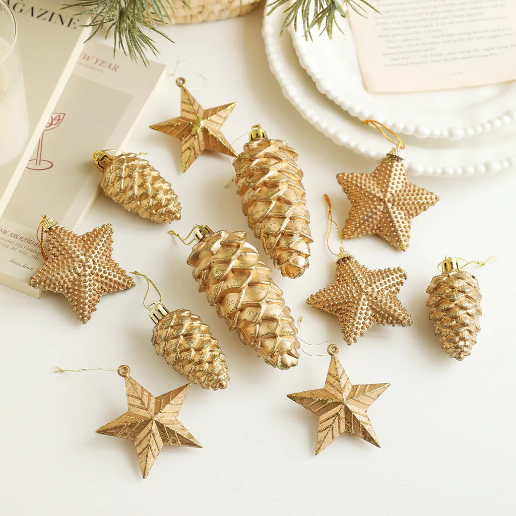Retro Gold Glitter Christmas Pine Cone & Star Ornaments