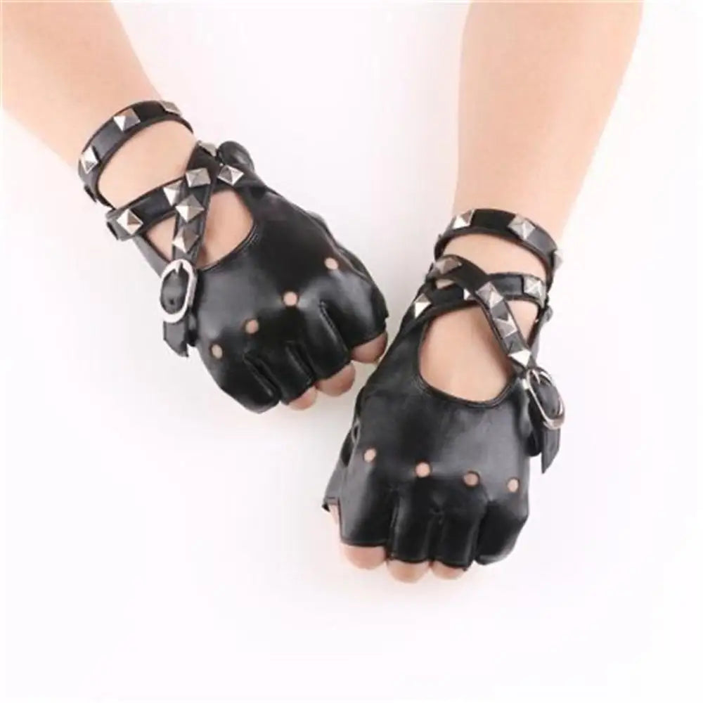 Punk Rivet Fingerless Gloves – Faux Leather Wrist Mittens