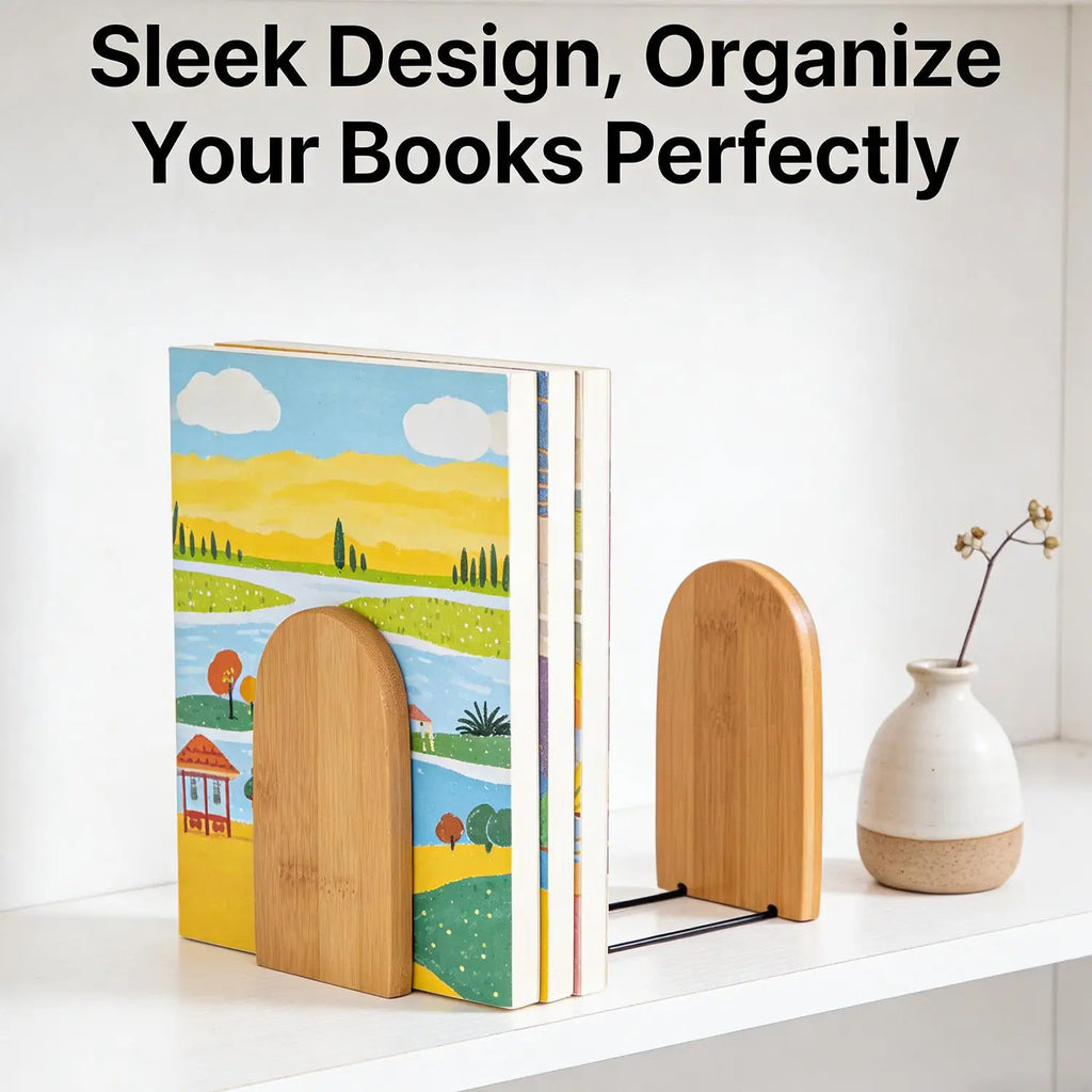 Bamboo & Metal Bookends – Non-Slip Heavy-Duty Pair