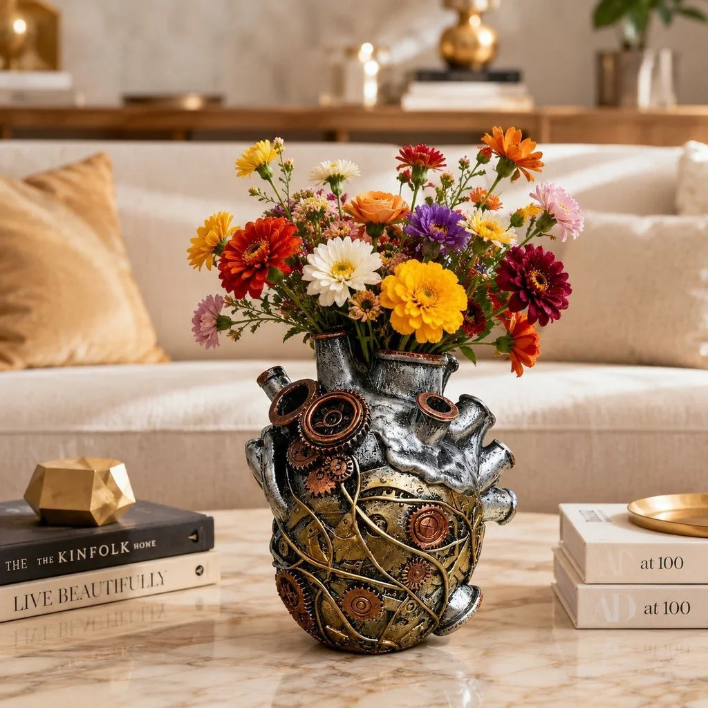 Steampunk Heart Resin Vase – Mechanical Gear Home Décor