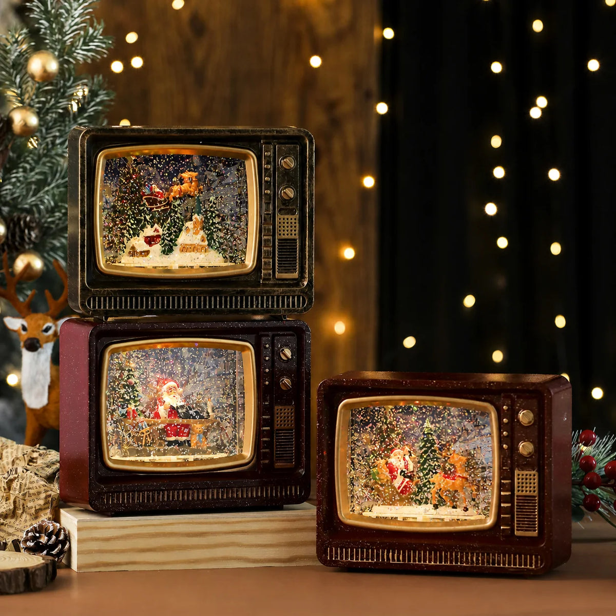 Vintage TV LED Christmas Snow Globe Music Box Ornament