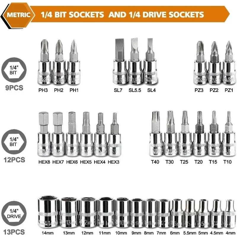 46-Piece 1/4" Socket Ratchet Wrench Set – Car Repair Kit