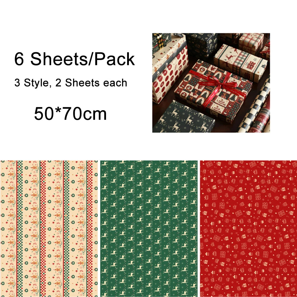 6-Sheet Christmas Kraft Wrapping Paper – Elk, Santa & Snowman