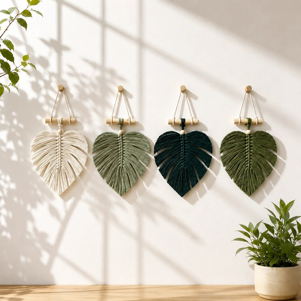 Boho Macrame Leaf Wall Hanging – Handmade Cotton Monstera Decor