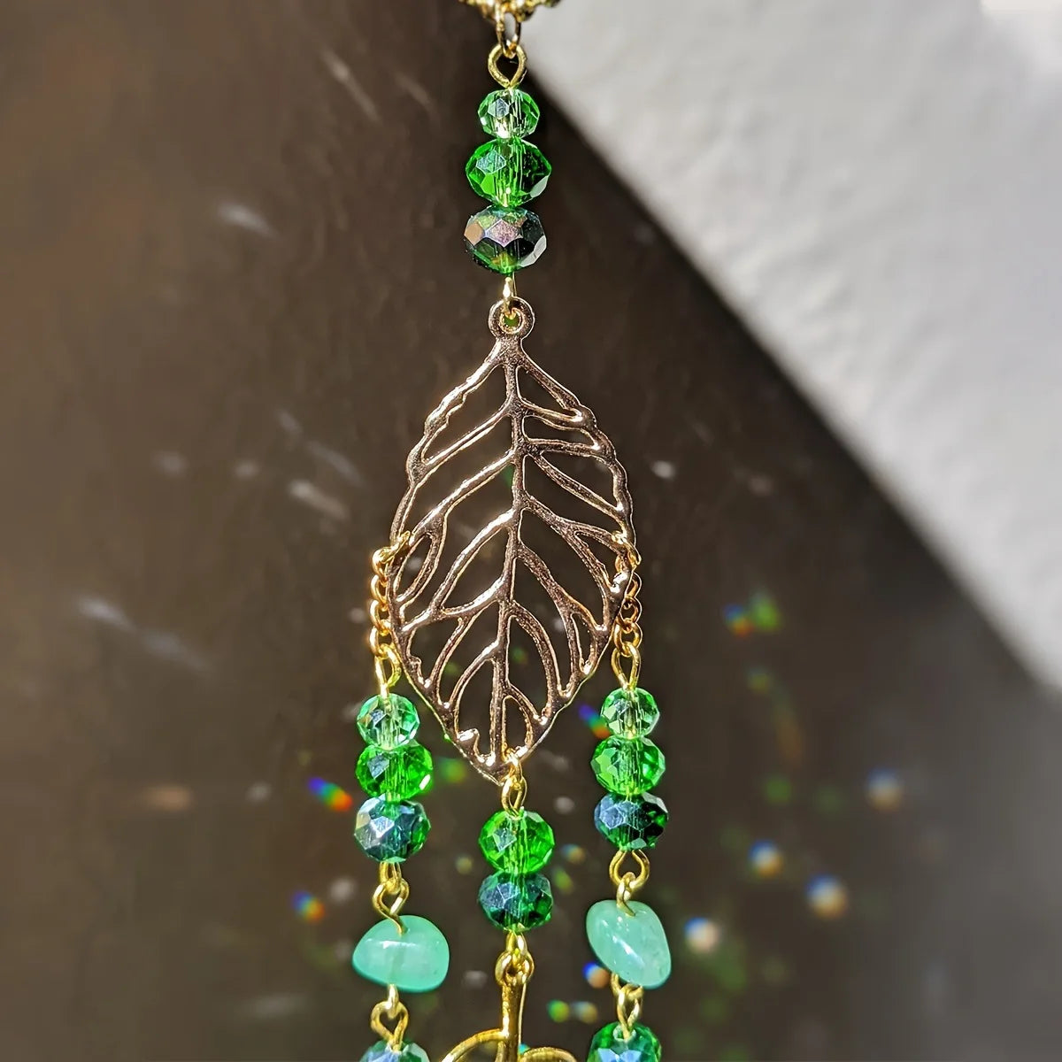 Green Crystal Suncatcher – Gold Leaf Rainbow Prism Window Decor