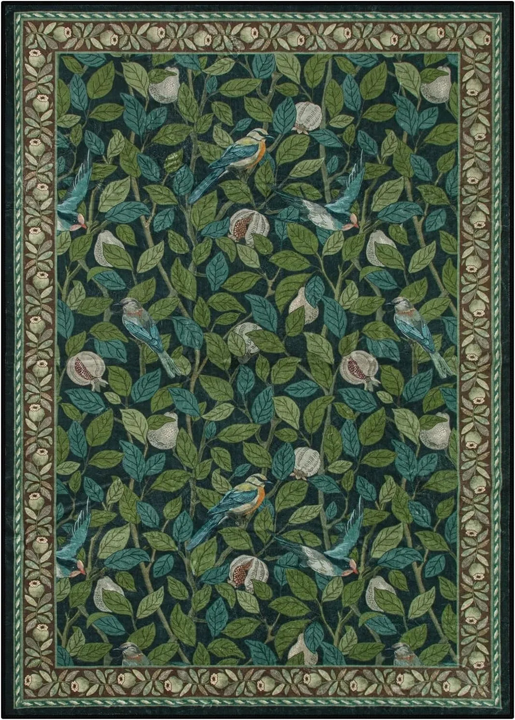 Vintage Botanical Bird Print Area Rug | Non-Slip Washable Mat